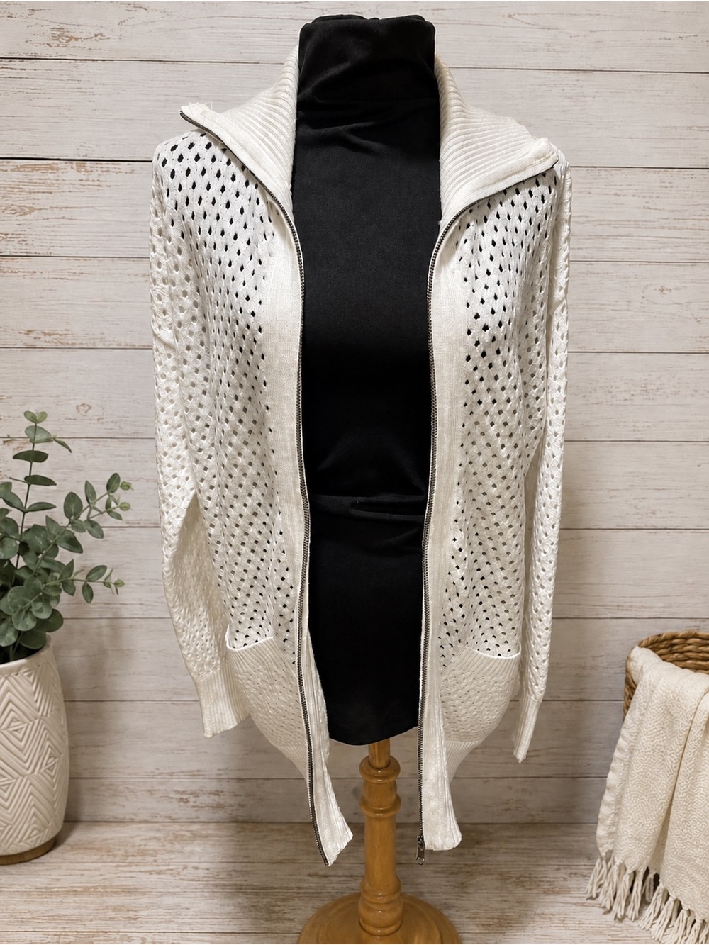 Grace & Lace Cream Open-Knit Zip Cardigan